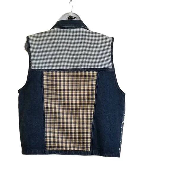 Vintage Women's L Denim Vest Patchwork Daisy Gingham Plaid Flap Pockets Cottage - Picture 5 of 5